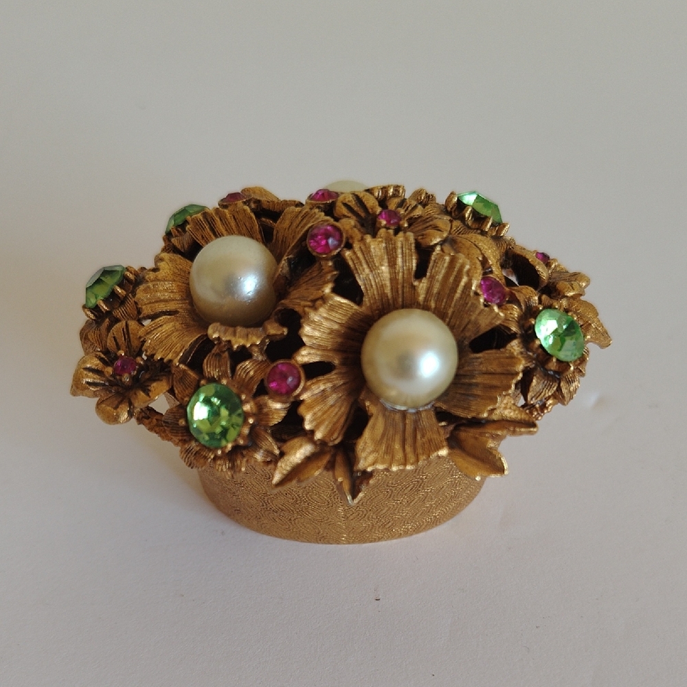 Florenza Gold Tone Pearls Rhinestone Uranium Glass Trinket Box